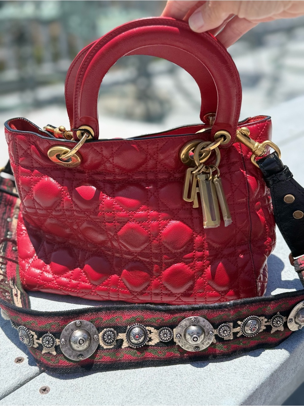 Dior Medium Lady Dior Red Patent Cannage + Bohemian Strap - Picture 4 of 13